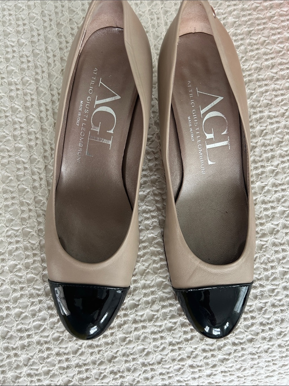 AGL Beige Leather Shoes with Black Patent Cap-Toe